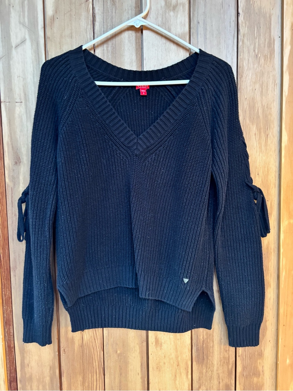 GUESS Black Ribbed V-Neck Sweater with Lace-Up Tie Sleeves - S